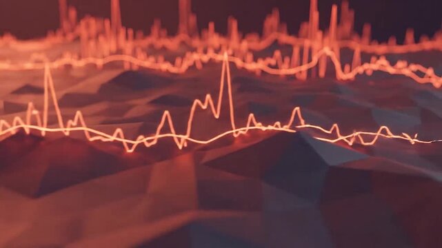 A glowing orange data visualization line graph over a dark geometric landscape