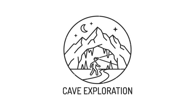 Minimalist Line Art Illustration of Cave Exploration Featuring an Adventurer with a Flashlight in the Mountains under a Night Sky