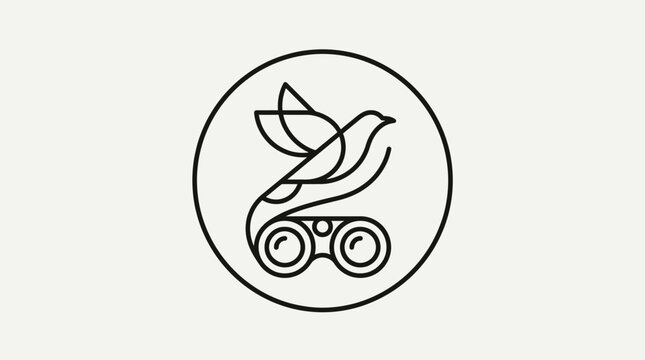 Minimalist line art logo of a dove flying over binoculars, symbolizing discovery and peace