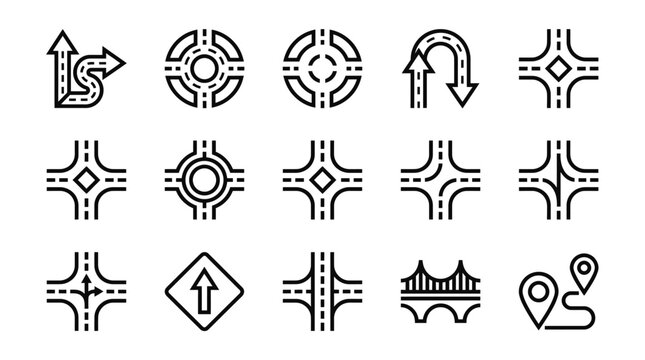Collection of road junction and traffic direction icons including roundabouts, intersections, and navigation markers