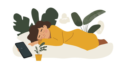 Fototapeta premium Woman sleeping peacefully next to plant and phone