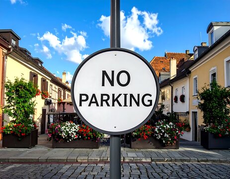 No Parking Sign on Cobblestone Street in Town