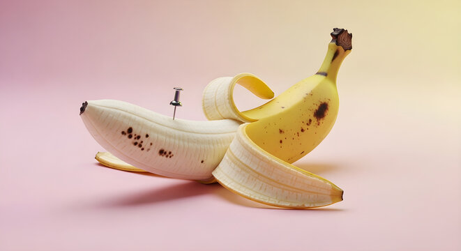 A ripe yellow banana with brown spots peels back with a silver nail piercing through its white inner skin on a pink background