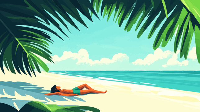 Person sunbathing on a tropical beach under palm fronds