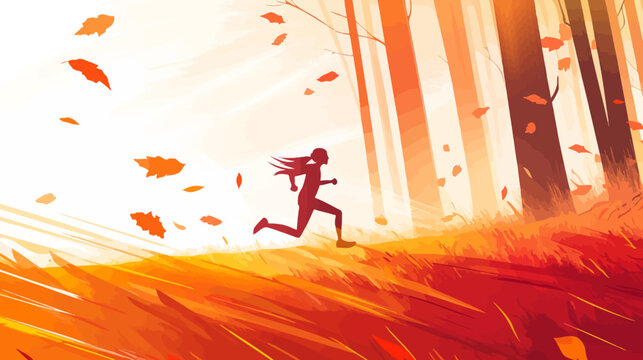Person running in autumn forest warm sunlight falling leaves