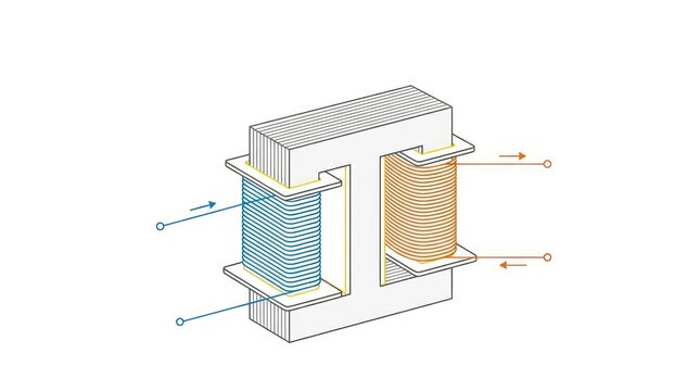 Electrical transformer core with copper windings for power conversion technical diagram.
