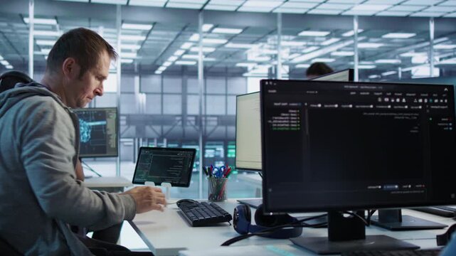 Data center technician arriving at work in high tech server room from a secondary camera angle while connecting protected data, access control and server room reliability.