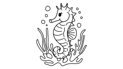 Fototapeta premium doodle sketch of a seahorse in black line, illustrated in a whimsical style. The seahorse is sitting on a coral, CREATED WITH GENERATIVE AI
