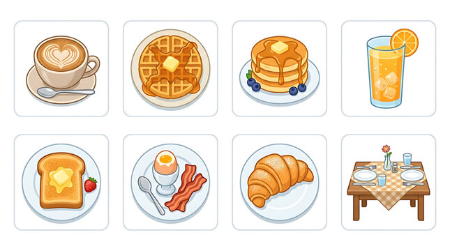 A set of eight vector icons depicting various breakfast foods and a dining table