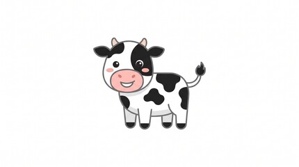 Naklejka premium Cute cartoon cow, black and white spots, pink nose and cheeks, big smile, small horns, chubby body, standing on white background.