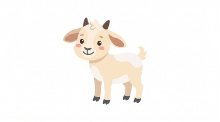 Obraz premium Cute cartoon goat, light beige with white patches, small brown horns, pink cheeks, big eyes, smiling, fluffy tail, white background.