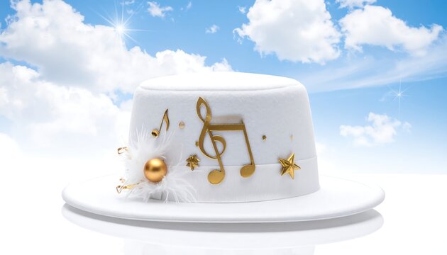 A white fedora hat adorned with musical notes and gold embellishments set against a blue sky with fluffy clouds
