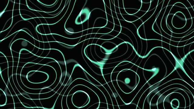 Abstract glowing turquoise lines forming a fluid, organic pattern on a dark background, resembling topographic maps or neural networks, ideal for technology and science visualizations
