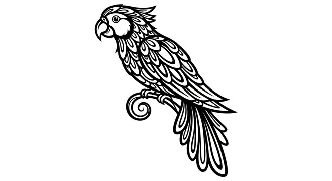 Detailed parrot line art perched on branch.