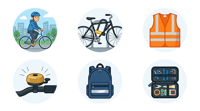 A set of colorful vector icons depicting bicycle safety and commuting essentials
