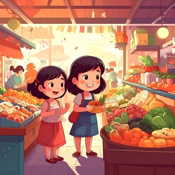 Two Girls Shopping at a Vibrant Fruit and Vegetable Market Stall
