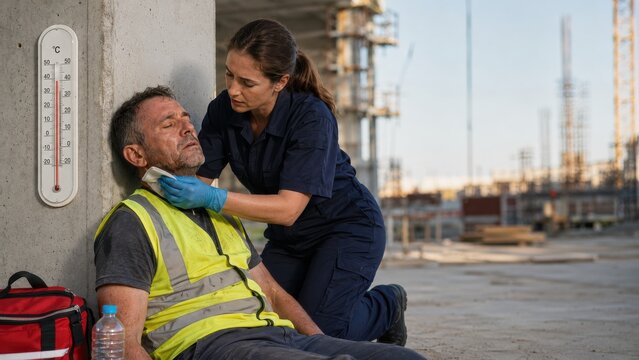 Female paramedic assisting a male worker suffering from heatstroke at an industrial site.