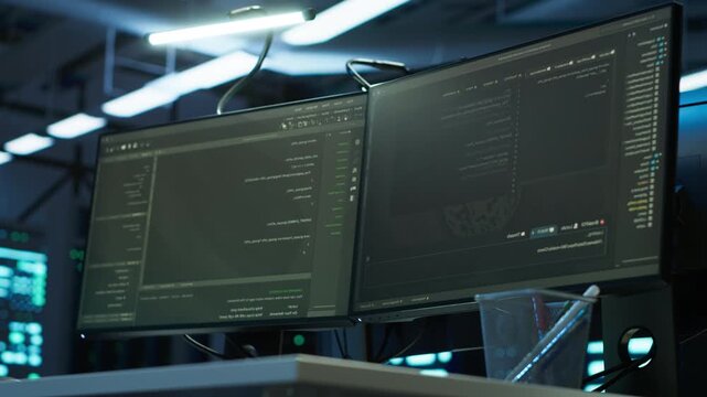 Server room computers checks infrastructure energy use inside a server hub with a computer monitor, connecting energy efficiency and power use control with enterprise infrastructure work