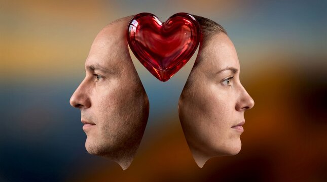 A man and woman facing away from each other are connected by a glowing red heart between their heads.