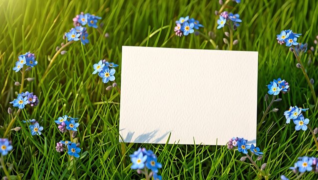 Blank White Card Mockup with Flowers on Green Nature Background
