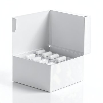 A white, open pharmaceutical box with multiple white capsule pills inside. The box is on a reflective surface