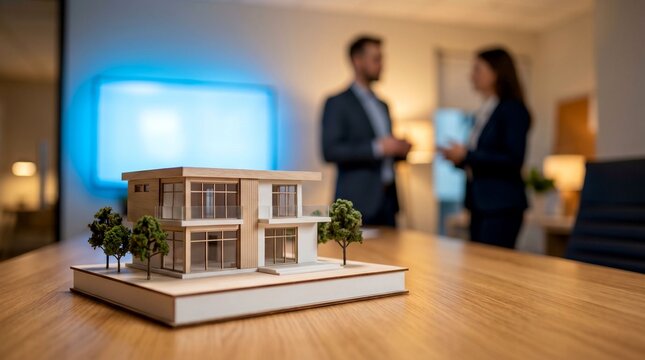 A modern architectural house model sits on a wooden table with two blurred business people talking in the background.