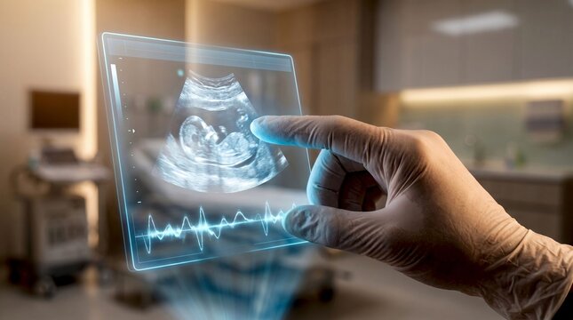 Doctor wearing medical gloves uses a transparent futuristic screen showing a baby ultrasound in a hospital room, 3d rendered