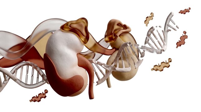 A stylized 3D rendering shows the complex interaction of DNA and protein synthesis in a biological process.