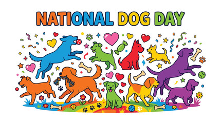 Fototapeta premium Multicolored cartoon dogs playing happily together in a vibrant festive illustration to celebrate national dog day with bright confetti hearts and toys on a clean white background for holiday design.