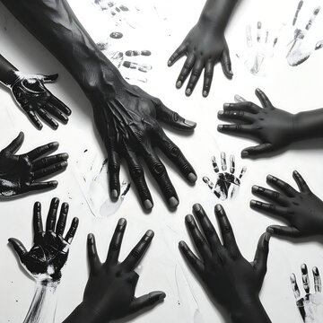 Multiple Hands Covered in Black Paint Reaching on White Surface