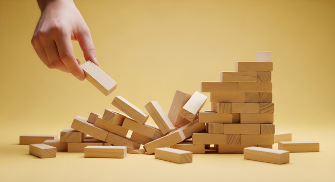 A hand holds a wooden block poised to add to a precarious tower as blocks fall around it on a yellow background.