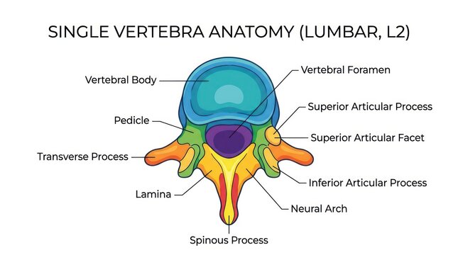 Anatomy of single lumbar l2 vertebra showing parts like body and processes educational.