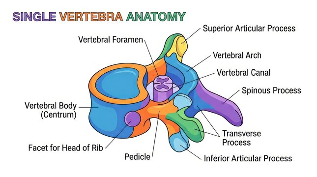 Anatomical structure of vertebra showing vertebral canal and facet for head of rib view.