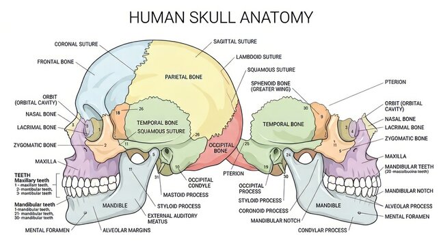 Comparative anatomy chart illustrating human skull features and growth stages for research.