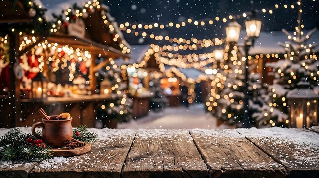 Wooden table with a cup of hot drink at a festive Christmas market.