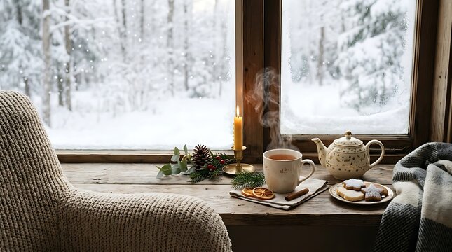 Cozy winter scene with a steaming cup of tea and cookies on a wooden windowsill overlooking a snowy forest.