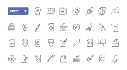 Fototapeta premium Collection of 36 Hand-Drawn Style Copyright and Intellectual Property Outline Icons for Legal Documents