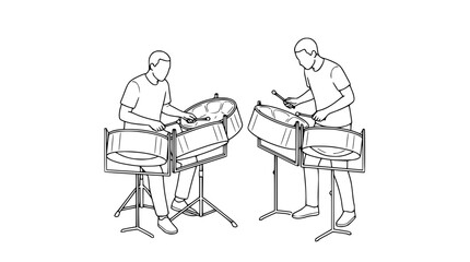 Fototapeta premium Line art illustration of two musicians playing Caribbean steel pans percussion instruments