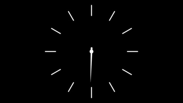 Minimalist analog clock face animation, fast forward time passing concept, white hands on black background