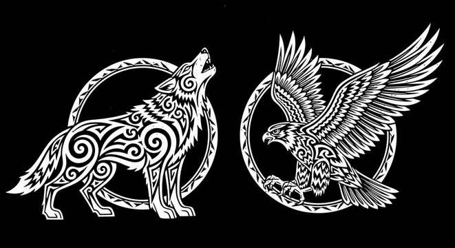 Tribal wolf and eagle illustration on black background