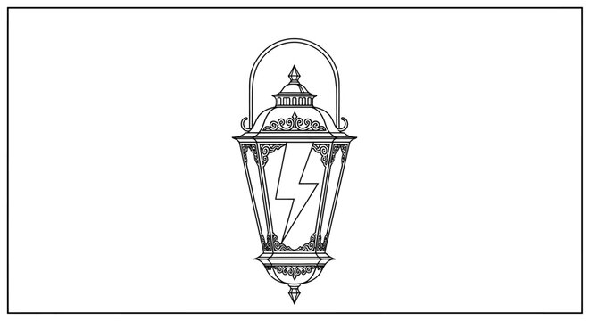 Vintage lantern line art with lightning bolt symbol