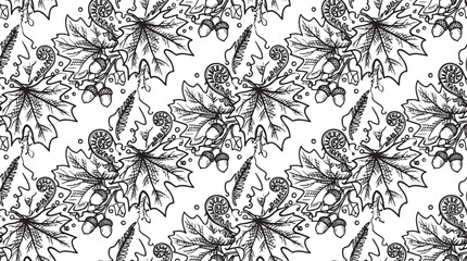 Maple leaf and fern seamless pattern with oak acorn line art © alauddin