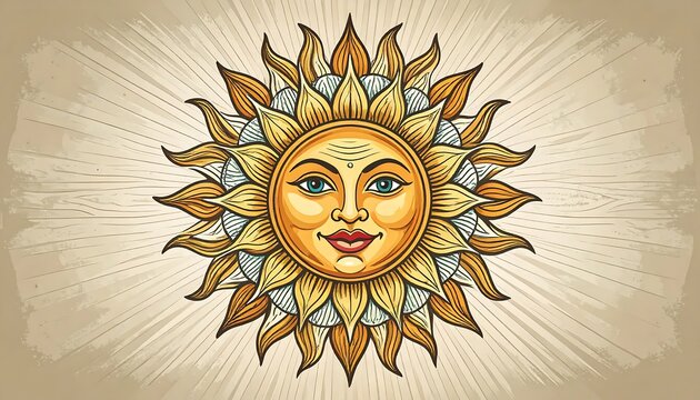 Smiling Sun Face with Rays on Beige Background