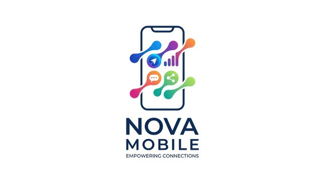 Creative nova mobile logo design with colorful liquid abstract shapes and corporate symbols.