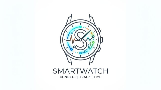 Smartwatch with circuit board letter s logo design and heartbeat pulse line art on white.