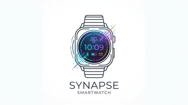 Synapse smartwatch device with digital display showing health data and fitness app icons.