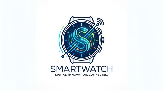 Smartwatch with stylized circuit board s letter logo and wireless connectivity signal icon.