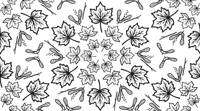 Symmetric maple leaf and samara seed seamless pattern line art