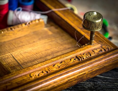 Carved Wooden Box with Brass Knob on a Wooden Surface