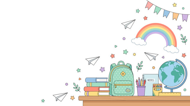 Vibrant education theme background featuring a backpack, books, a globe, and stationery on a wooden desk, with paper planes, a rainbow, and bunting flags, perfect for school and learning activities.